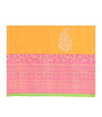 Yellow Handwoven Benarasi Silk Saree With Paisley Motifs And Vine Motifs in Contrast Evening Morning Border