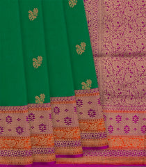 Green Handwoven Benarasi Tussar Silk Saree With Flower Butta With Purple Evening Morning Border-Green