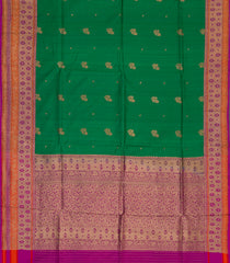 Green Handwoven Benarasi Tussar Silk Saree With Flower Butta With Purple Evening Morning Border-Green