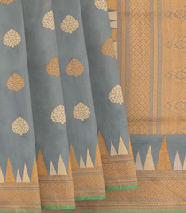 Grey Handwoven Benarasi SIlk Saree With Flower Butta & Diamond Motifs in Border & Pallu-Grey