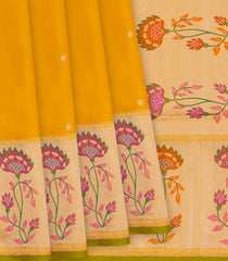 Mustard Handwoven Benarasi Silk Saree With Micro Butta & Flower Motifs in Meena Border & Pallu-Mustard