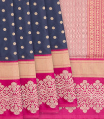 Blue Handwoven Benarasi Silk Saree With Dotted Motifs & Floral Motifs in Contrast Pink Border-Blue