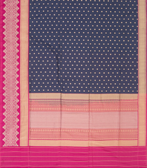 Blue Handwoven Benarasi Silk Saree With Dotted Motifs & Floral Motifs in Contrast Pink Border-Blue