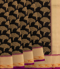 Black Handwoven Benarasi Silk Saree With Tree Motifs & Paisley Motifs in Pink Border & Pallu-Black