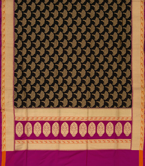 Black Handwoven Benarasi Silk Saree With Tree Motifs & Paisley Motifs in Pink Border & Pallu-Black