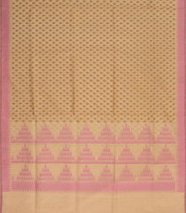 Beige Handwoven Benarasi Organza Silk Saree With Leaf Motifs & Baby Pink Border-Beige