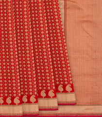 Red Handwoven Benarasi Jamdhani Saree With Chakaram Motifs in Checks With Mango Motifs in Pallu-Red