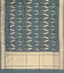 Grey Handwoven Benarasi Silk Saree With Bird Motifs & Diagonal Stripes in Zari Border-Grey