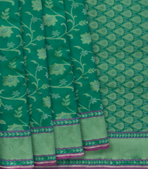 Green Handwoven Uppada Weave Silk Saree With Floral Vine Motifs & Zari Border-Green