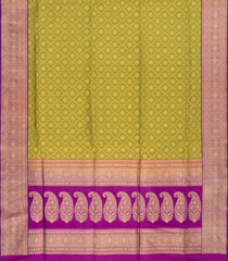 Olive Green Handwoven Banarasi Silk Saree With Contrast Pink Border & Pallu-Olive Green