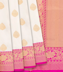 White Banarasi Silk Saree With Pink Border-White