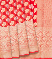 Red Banarasi Khaddi Georgette Saree With Floral Motifs-Red