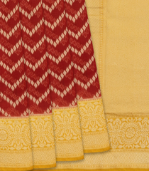 Red Handloom Banarasi Silk Cotton Saree With Chevron Motifs-Red