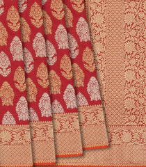 Red Handloom Banarasi Silk Saree With Floral Motifs & Vine Motifs in Border-Red