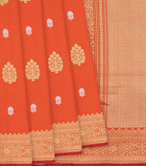 Orange Handloom Banarasi Silk Saree With Floral Butta-Orange