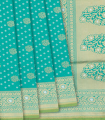 Turquoise Handloom Banarasi Silk Saree With Floral & Corner Paisley Motifs-Turquoise