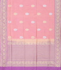 Light Peach Handloom Banarasi Silk Saree With Floral Butta & Lilac Border-Light Peach