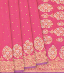 Bubble Gum Pink Handloom Banarasi Silk Saree With Moghul Flower Motifs-BubbleGum Pink