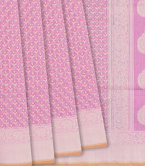 Bubble Gum Pink Handloom Banarasi Cotton Saree With Floral Motifs-BubbleGum Pink