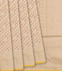 Light Peach Handloom Banarasi Cotton Saree With Diagonal Vine Motifs-Light Peach