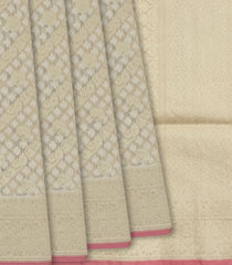 Beige Handloom Banarasi Cotton Saree With Diagonal Vine Motifs-Beige