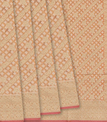 Peach Handloom Banarasi Cotton Saree With Diagonal Vine Motifs