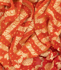 Red Handloom Banarasi Bandhani Khaddi Georgette Saree With Floral Jaal & Chevron Motifs-Red