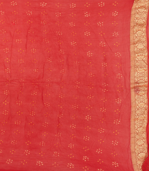 Red Handloom Banarasi Bandhani Khaddi Georgette Saree With Floral Jaal & Chevron Motifs-Red