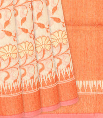 Sandal Handloom Banarasi Cotton Saree With Floral Vine Motifs-Sandal