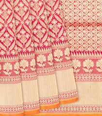 Pink Handloom Banarasi Silk Saree With Floral Motifs-Pink