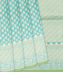 Turquoise Handloom Banarasi Cotton Saree With Floral Motifs-Turquoise