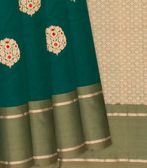 Bottle Green Handloom Banarasi Silk Saree With Meena Buttas-Bottle Green