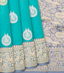 Turquoise Handloom Banarasi Silk Saree With Annam Buttas-Turquoise