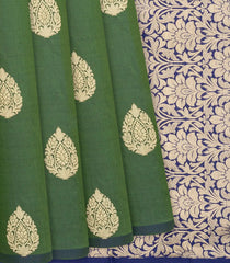 Leafy Green Handloom Banarasi Silk Saree With Floral Buttas-Leaf Green