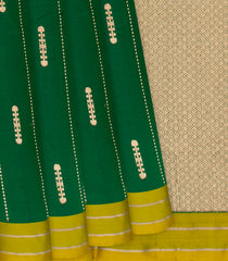 Dark Green Handloom Banarasi Silk Saree With Dotted Stripes-Dark Green