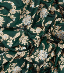 Bottle Green Handloom Banarasi Silk Saree With Floral Vine Motifs-Bottle Green