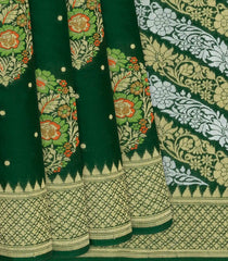 Bottle Green Handloom Banarasi Khaddi Georgette Saree With Meena Floral Motifs-Bottle Green