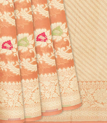 Peach Handloom Banarasi Khaddi Georgette Saree With Meena Floral Motifs-Peach