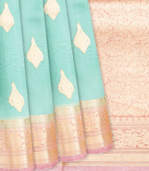 Turquoise Handwoven Banarasi Organza Saree With Floral Buttas-Turquoise