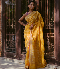 Yellow Handloom Banarasi Jamdani Saree With Floral Motifs-Yellow