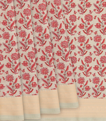 Beige Handwoven Bengal Cotton Saree With Flower Motifs & Diamond Chevron Motifs in Border-Beige