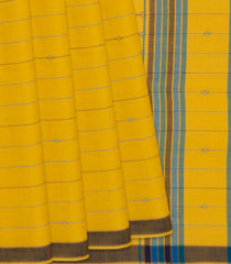 Yellow Handwoven Bengal Cotton Saree With Stripes & Black Border-Yellow