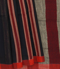 Black Handwoven Bengal Cotton Saree With Stripes & Maroon Pallu-Black