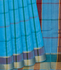 Turquoise Handloom Bengal Cotton Saree With Checks-Turquoise