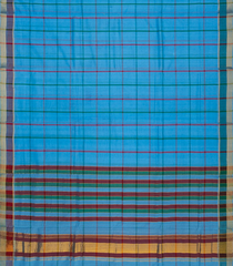 Turquoise Handloom Bengal Cotton Saree With Checks-Turquoise