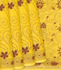 Yellow Handloom Bengal Cotton Saree With Spiral Motifs-Yellow