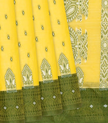 Yellow Bengal Cotton Saree With Square Butta-Yellow