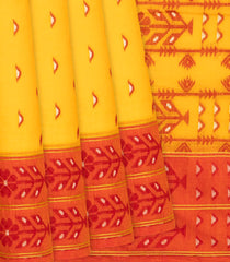 Yellow Bengal Cotton Saree With Floral Motifs-Yellow