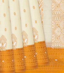 Cream Bengal Cotton Saree With Square Butta-Cream