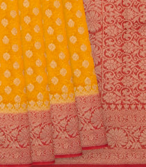 Yellow Banarasi Woven Khaddi Georgette Saree With Floral Motifs & Red Border-Yellow